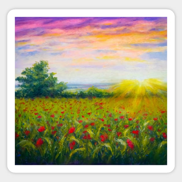 Poppy field at sunset Sticker by redwitchart